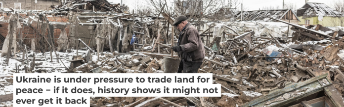 An elderly Ukrainian walks through the rubble following a Russian aerial bomb strike in Donetsk Oblast. Diego Herrera Carcedo/Anadolu via Getty Images